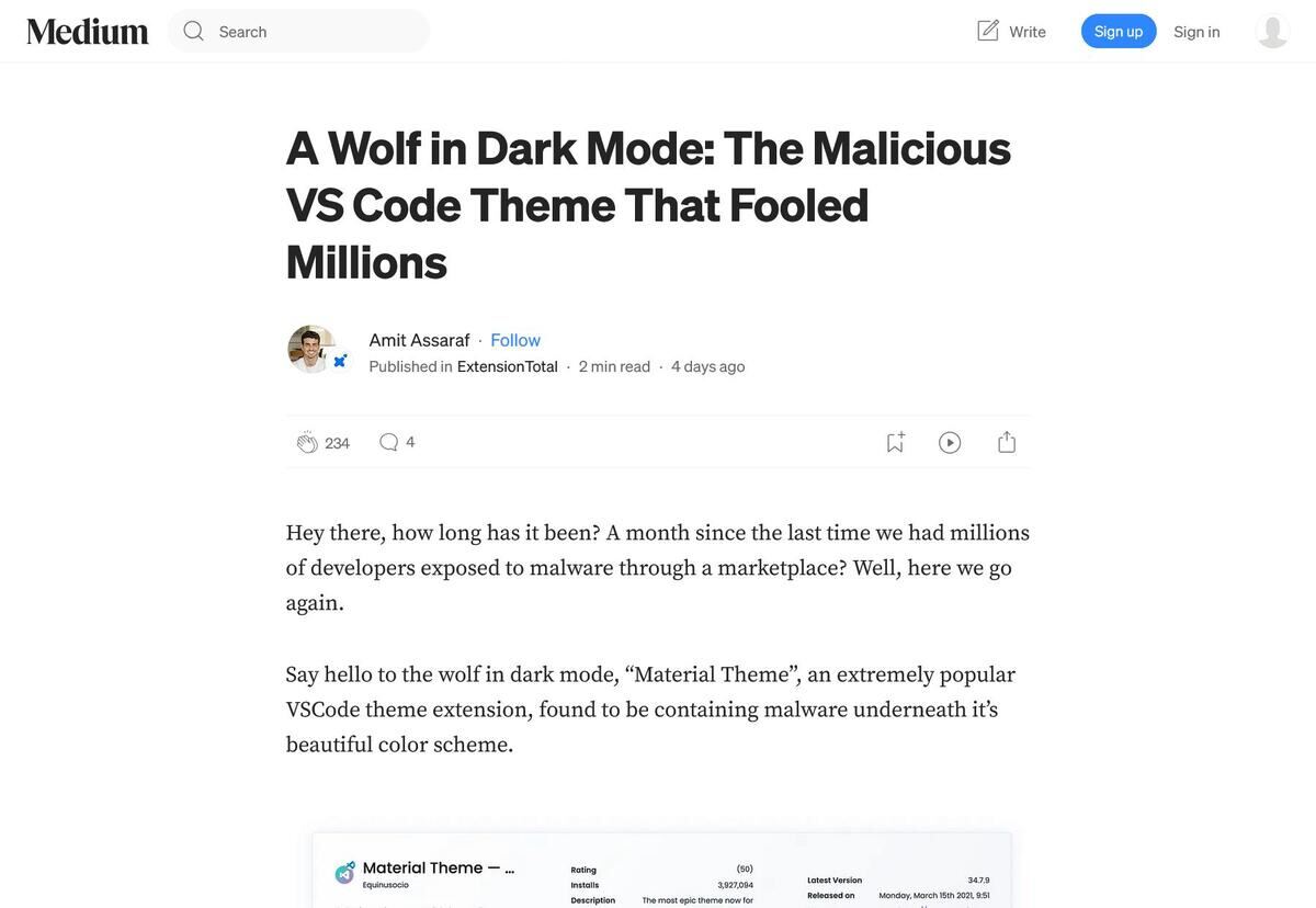 A Wolf in Dark Mode: The Malicious VS Code Theme That Fooled Millions｜by Amit Assaraf｜ExtensionTotal｜Feb、2025｜Medium