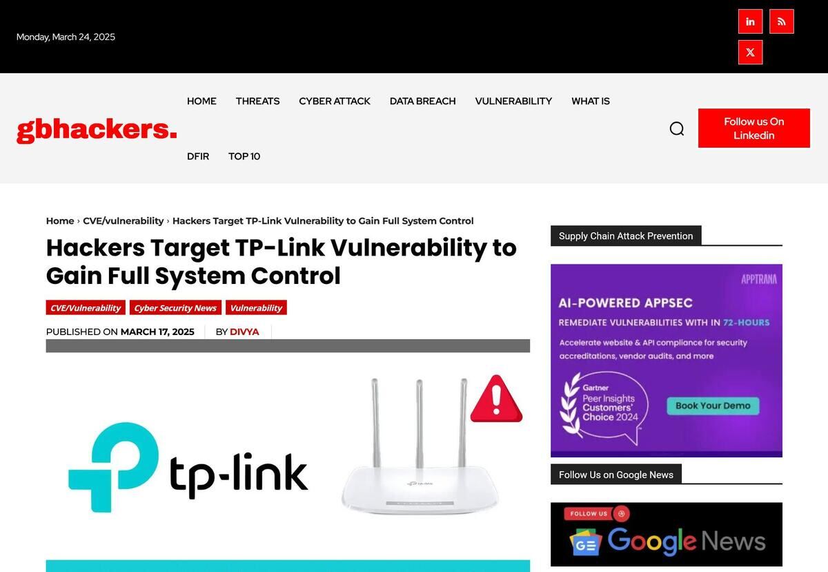 Hackers Target TP-Link Vulnerability to Gain Full System Control