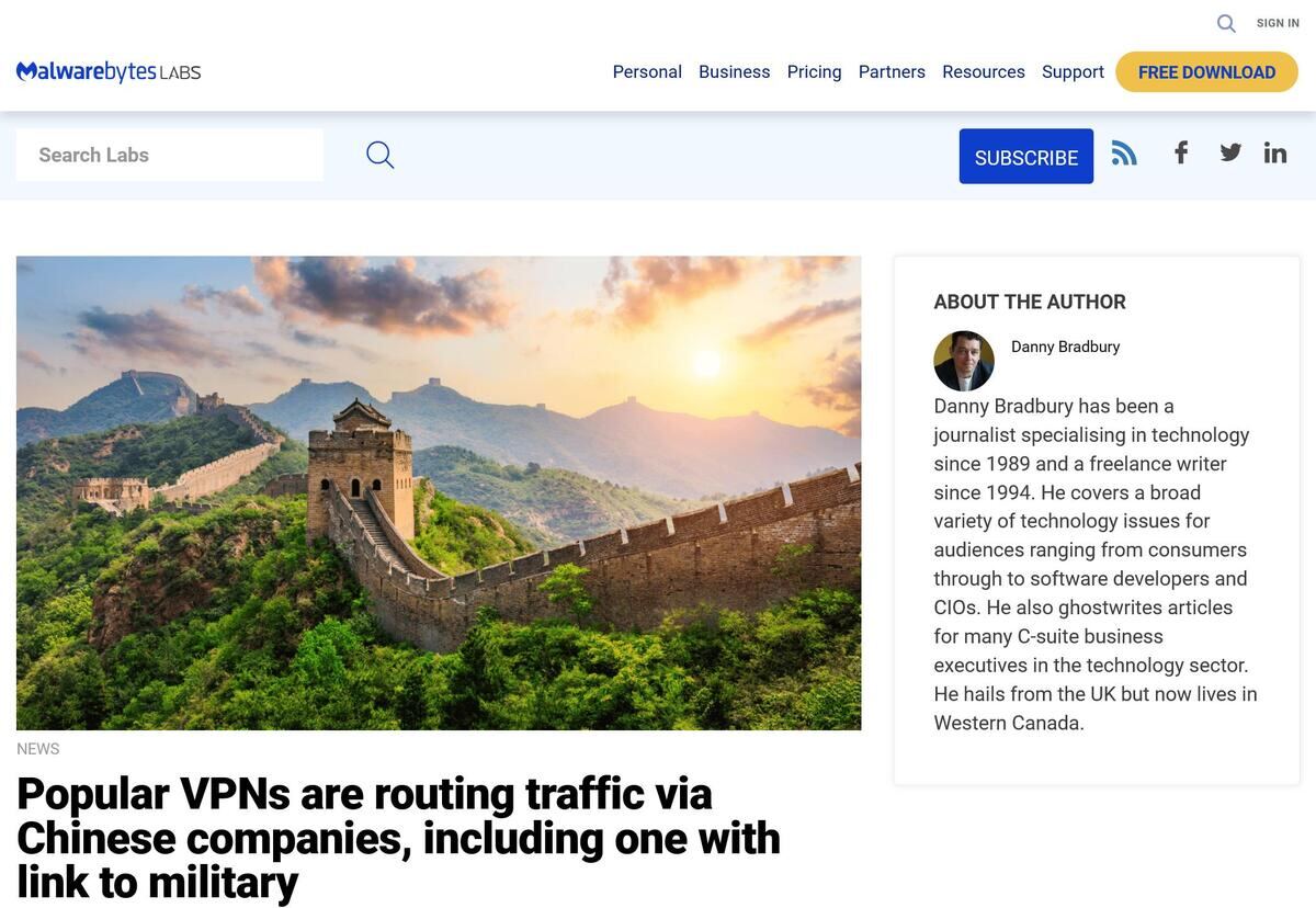 Popular VPNs are routing traffic via Chinese companies、including one with link to military｜Malwarebytes