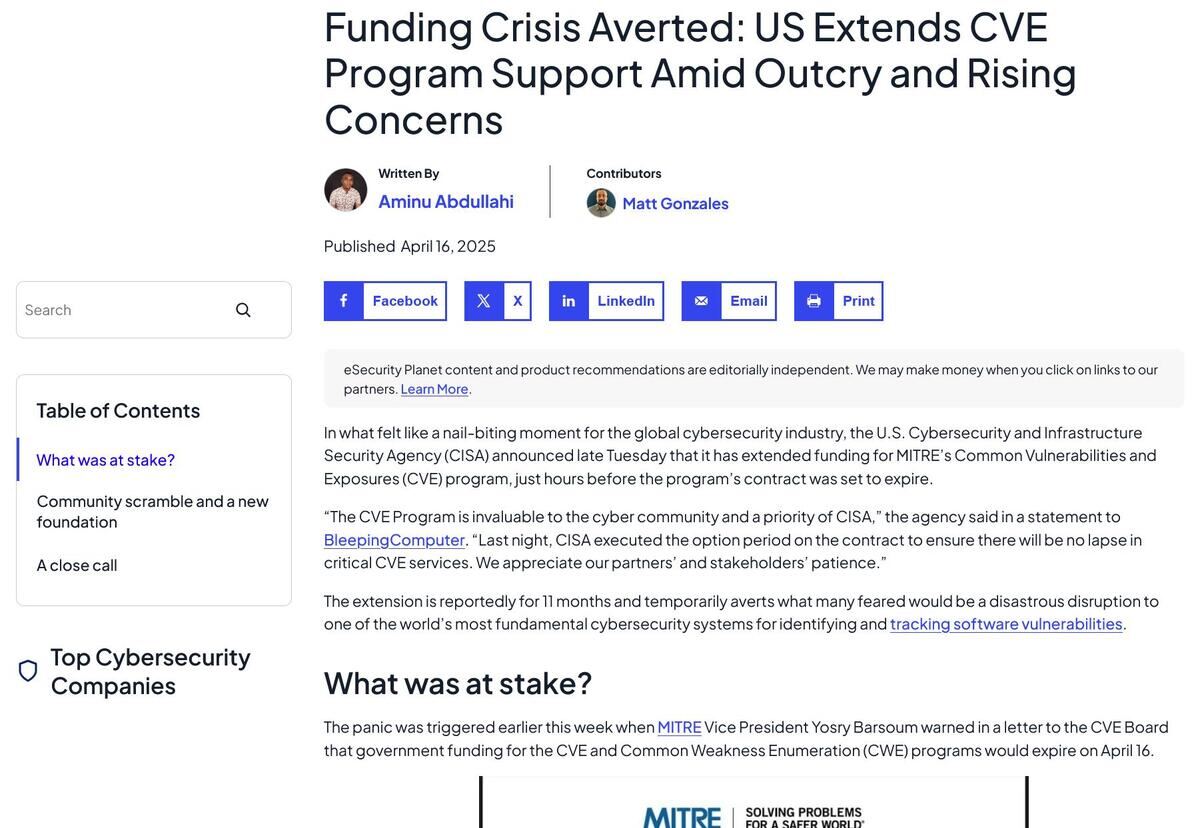 US Extends CVE Program Support Amid Outcry