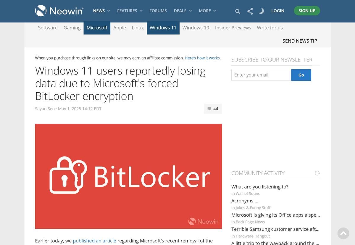 Windows 11 users reportedly losing data due to Microsoft's forced BitLocker encryption - Neowin
