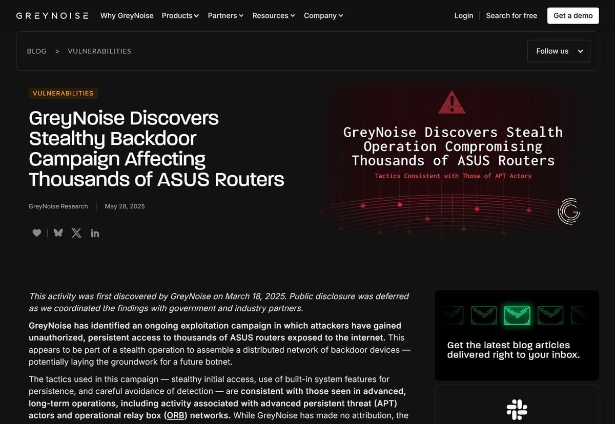 GreyNoise Discovers Stealthy Backdoor Campaign Affecting Thousands of ASUS Routers