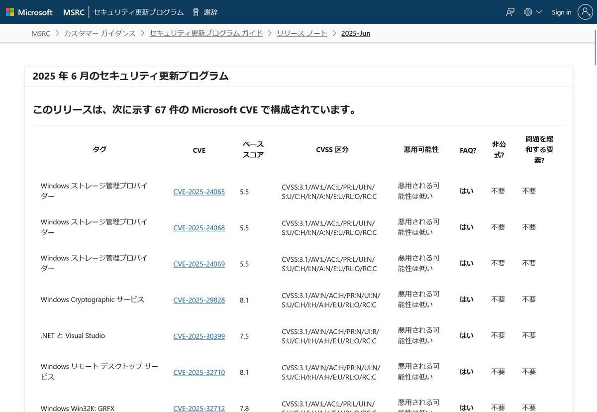 2025 年 6 月のセキュリティ更新プログラム - リリース ノート - セキュリティ更新プログラム ガイド - Microsoft