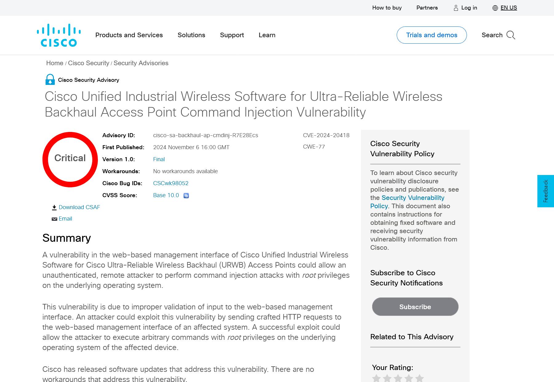 Cisco Unified Industrial Wireless Software for Ultra-Reliable Wireless Backhaul Access Point Command Injection Vulnerability