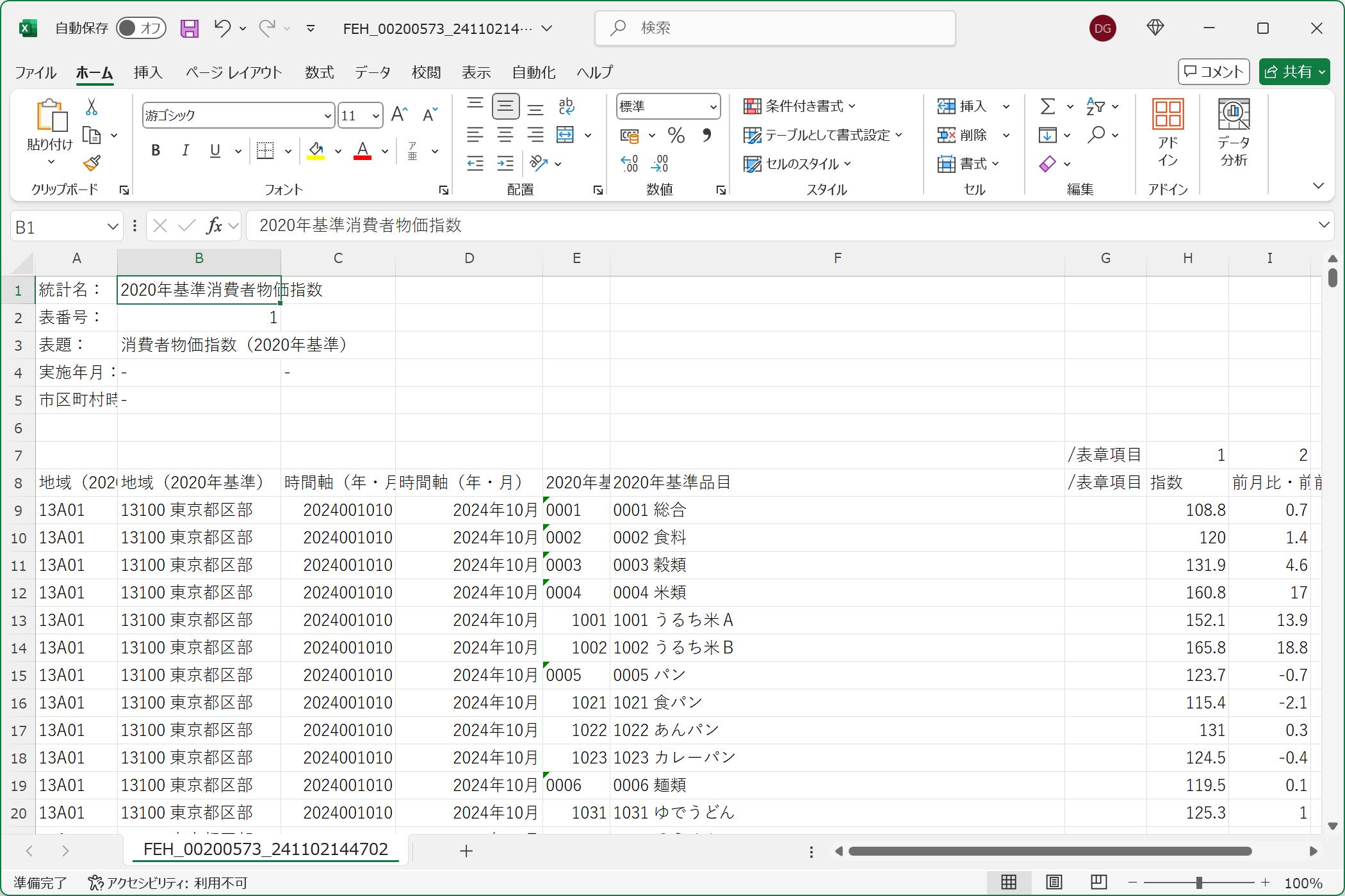 Microsoft Excel - 2020年基準消費者物価指数 2024年10月 - e-Statより