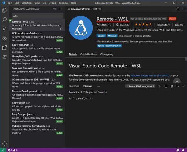 Visual Studio Code: Remote - WSLエクステンション