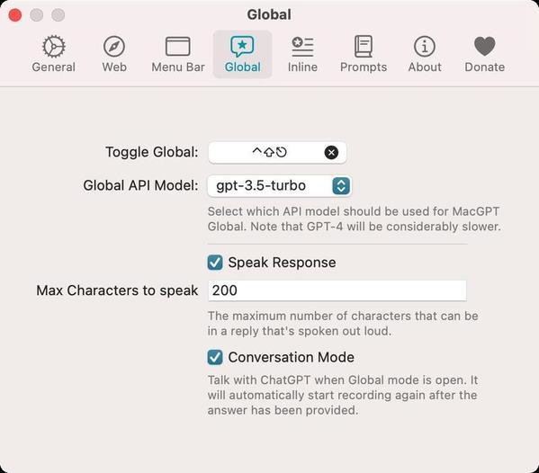 設定:「Global」で「Speak Response」と「Conversation Mode」にチェック