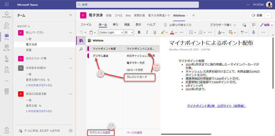 複数のセクション、ページを作成したノートブックの例