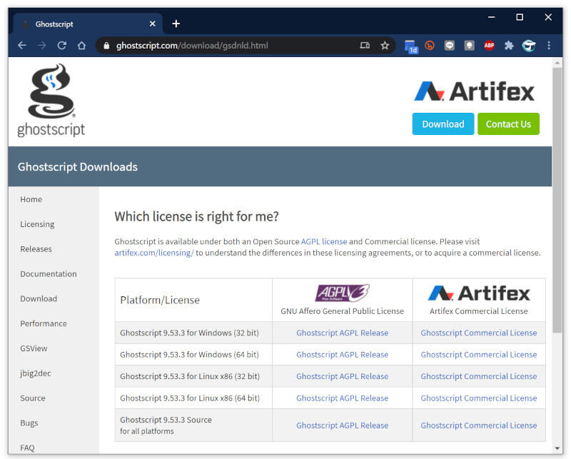 Ghostscriptのダウンロードサイト