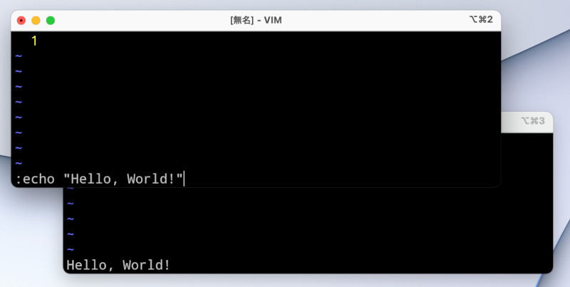 VimのコマンドモードでHello, World!を実行したところ