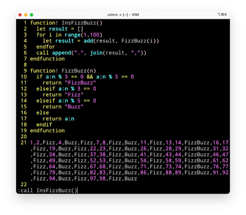 macOSでVimScriptを実行しFizzBuzzの結果をエディタに挿入したところ