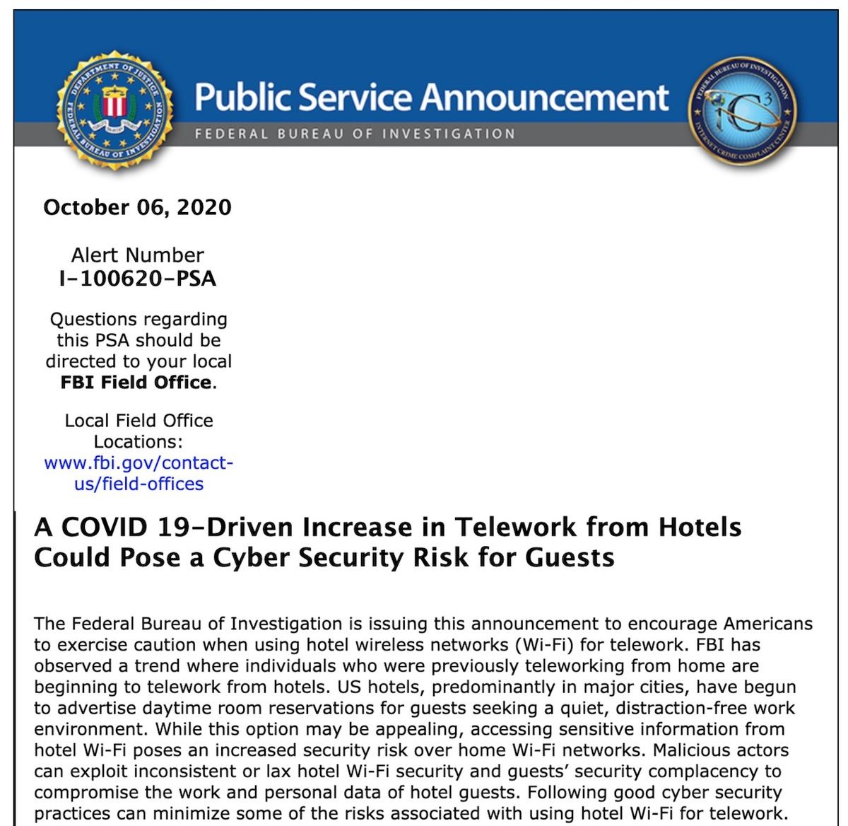 A COVID 19-Driven Increase in Telework from Hotels Could Pose a Cyber Security Risk for Guests