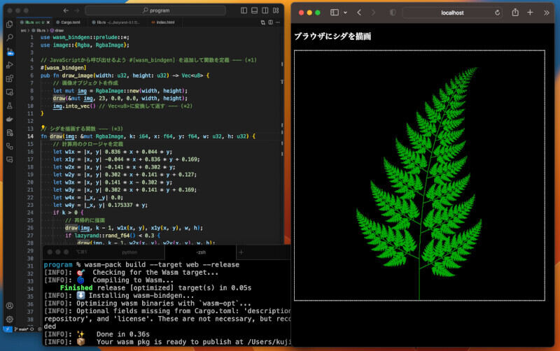 RustのプログラムをWebAssemblyにビルドして、ブラウザ上でシダを描画したところ