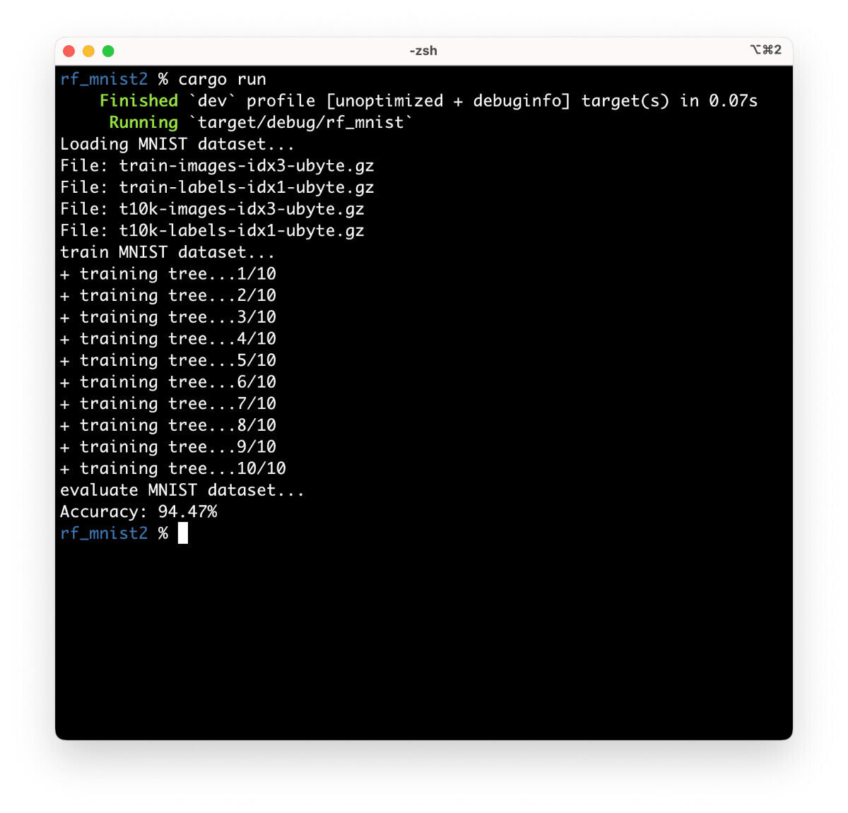 自作のランダムフォレストでMNISTデータセットを学習して精度をテストしたところ