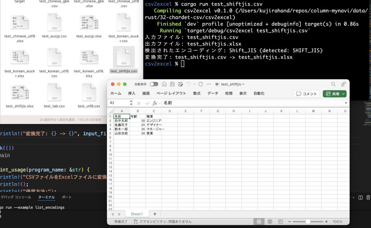 CSVファイルをExcelファイルに変換したところ
