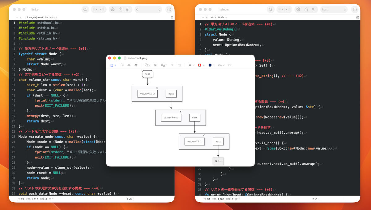 単方向リストを作ってC言語とRustを比較してみよう