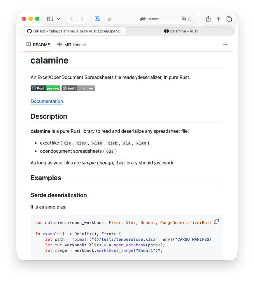 Rustのクレート「calamine」の開発ページ