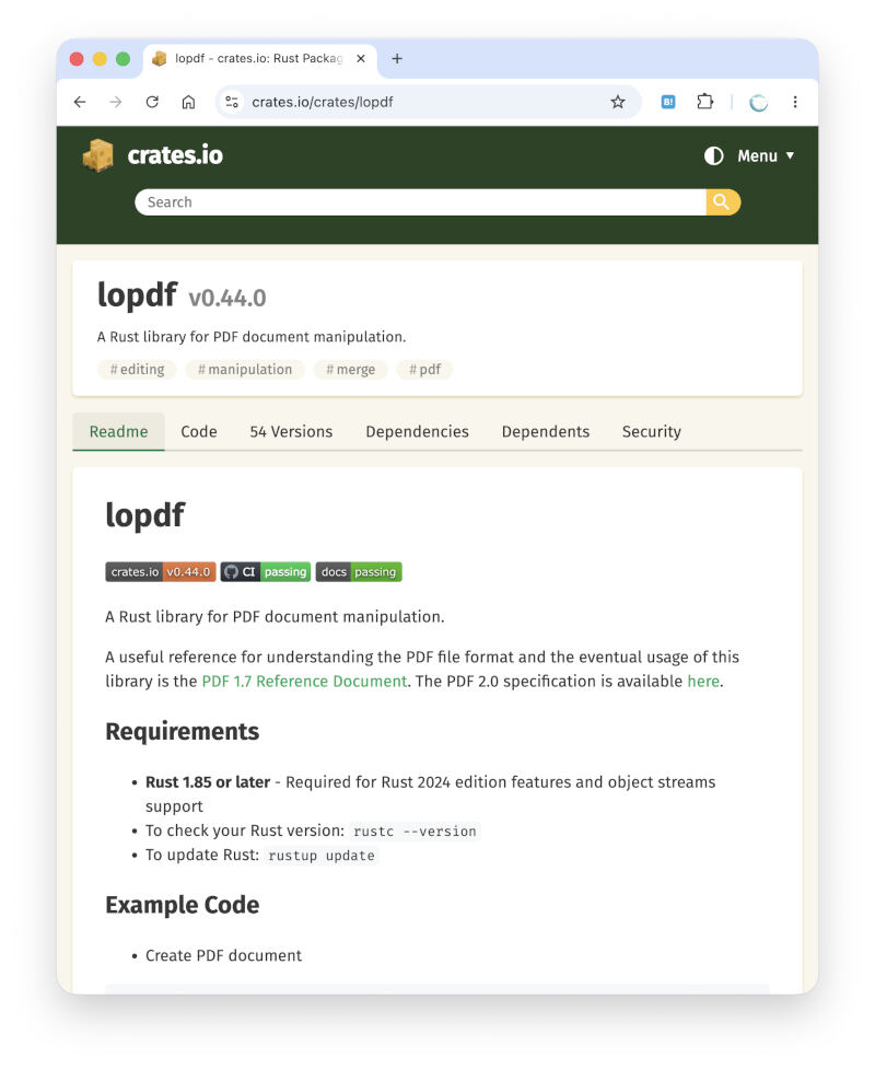 crates.ioのlopdfのページ