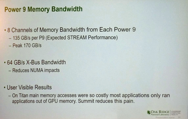 POWER9は8チャネルのメモリバスを持ち、ピーク170GB/s、STREAMベンチマークで135GB/s程度のバンド幅が期待できる