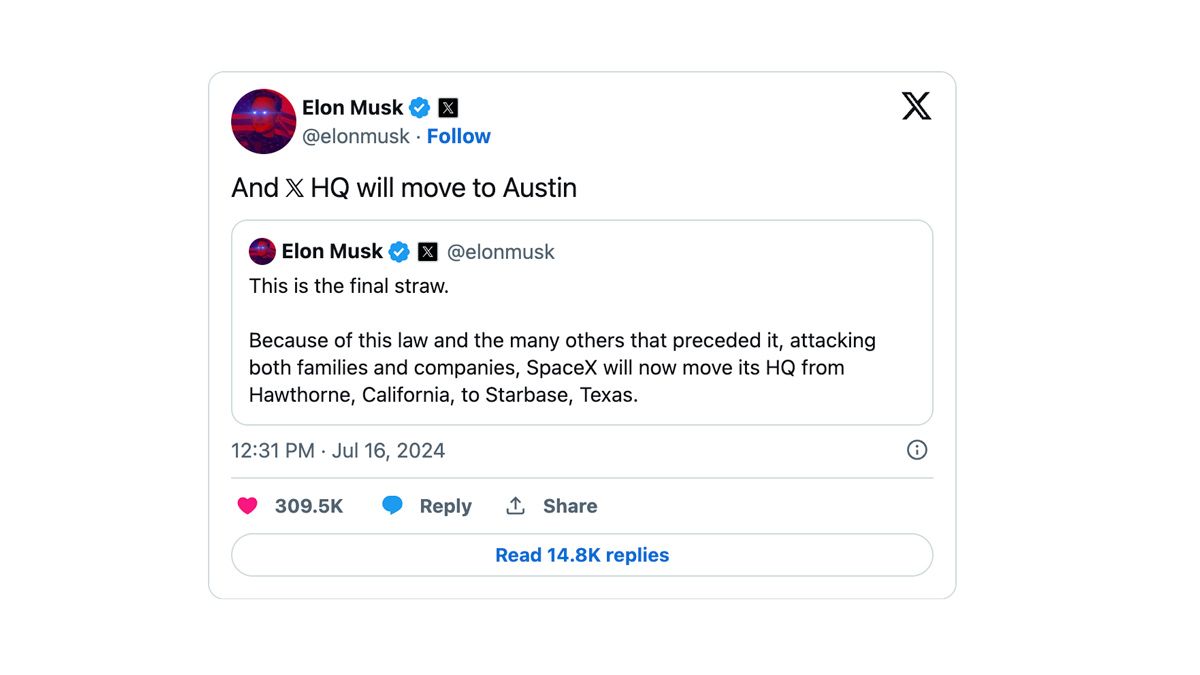 イーロン・マスク氏は、XとSpaceXの本拠をカリフォルニア州からテキサス州に移転させると発表
