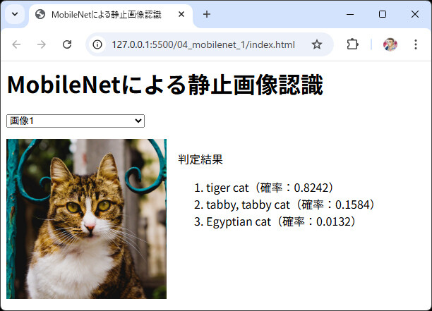 図3：サンプル「MobileNetによる静止画像認識」の実行結果
