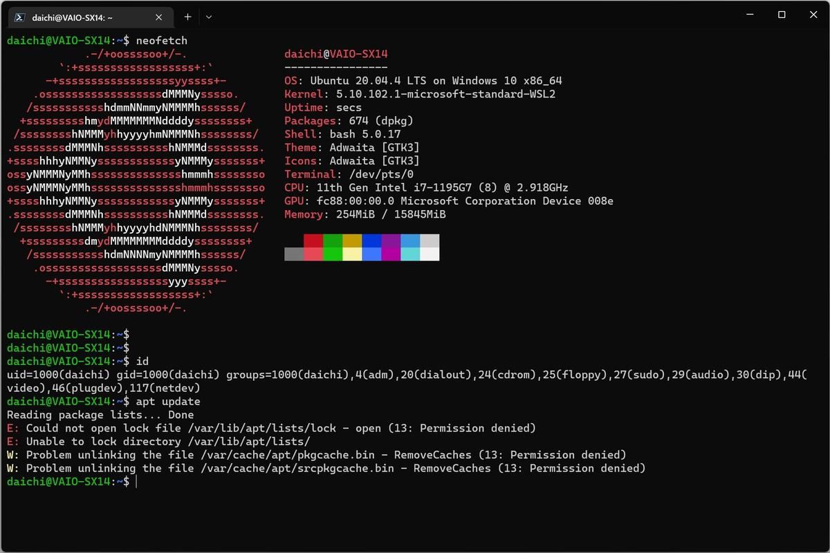 一般ユーザではapt updateといったコマンドは実行できない