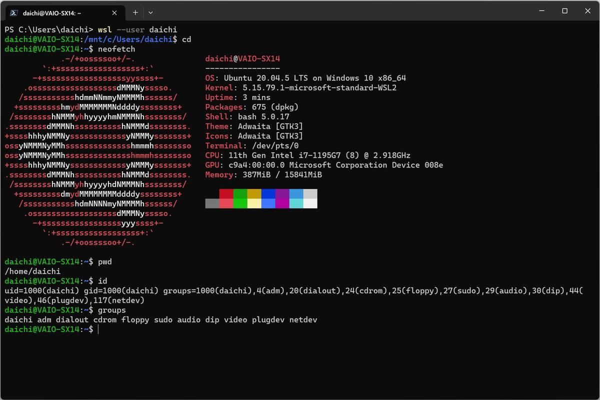 wslコマンドでUbuntuの利用を開始 (ユーザ名を指定した場合)