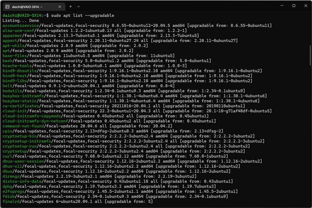 sudo apt list --upgradableの実行結果