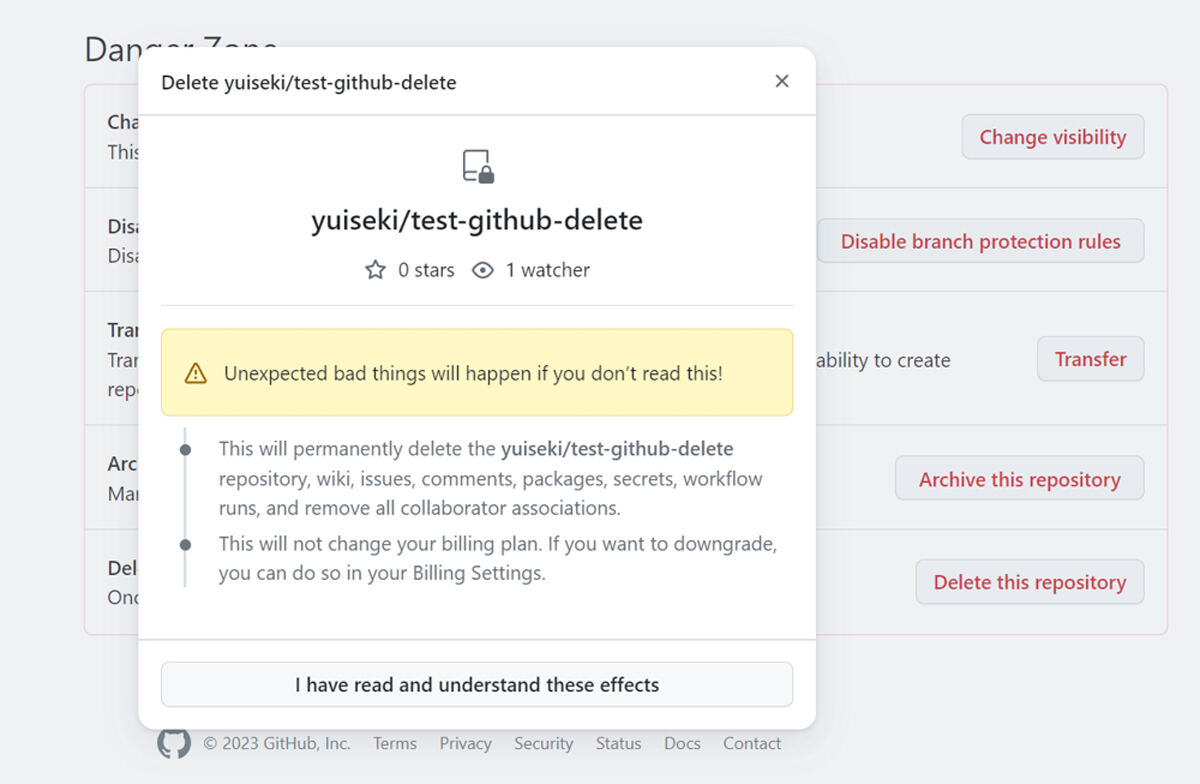 GitHubのリポジトリ削除UIのスクリーンショット、ステップ3