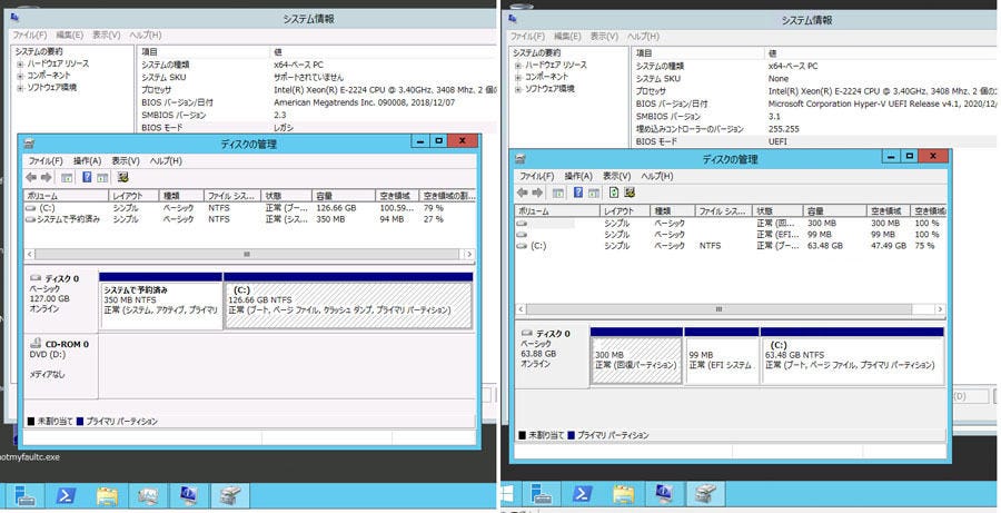 BIOS/MBRベースのシステム(画面左)と、UEFI/GPTベースのシステム(画面右)