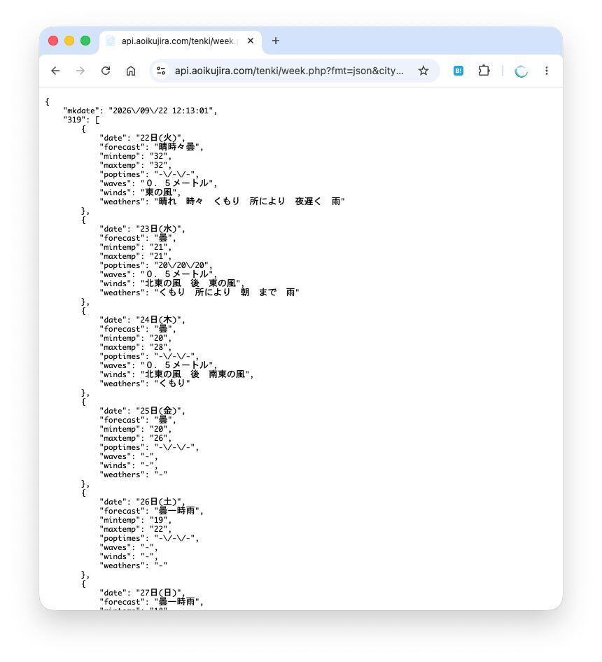 ブラウザでAPIにアクセスしたところ