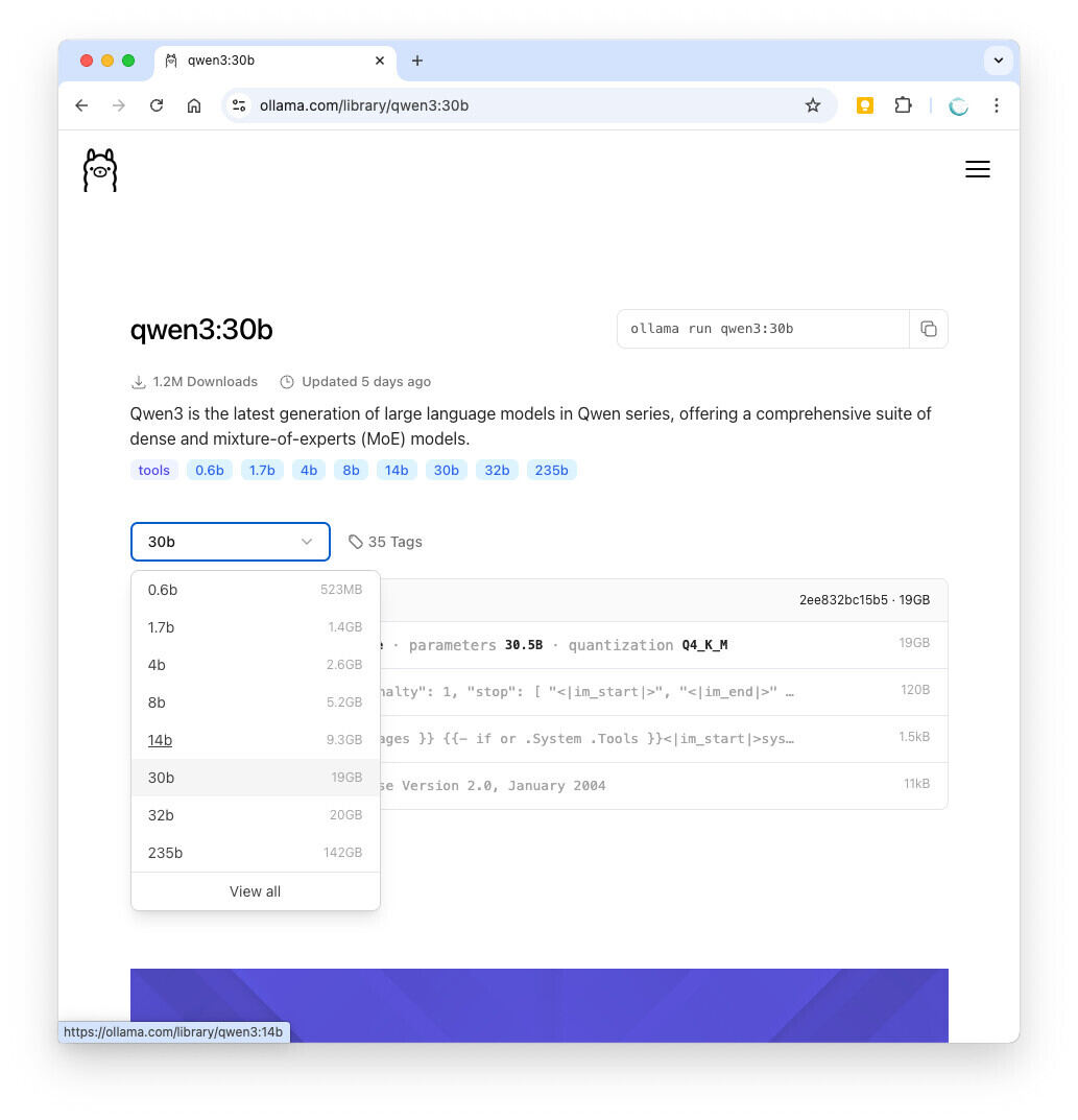 Ollamaのサイトには利用可能なモデルの一覧がある