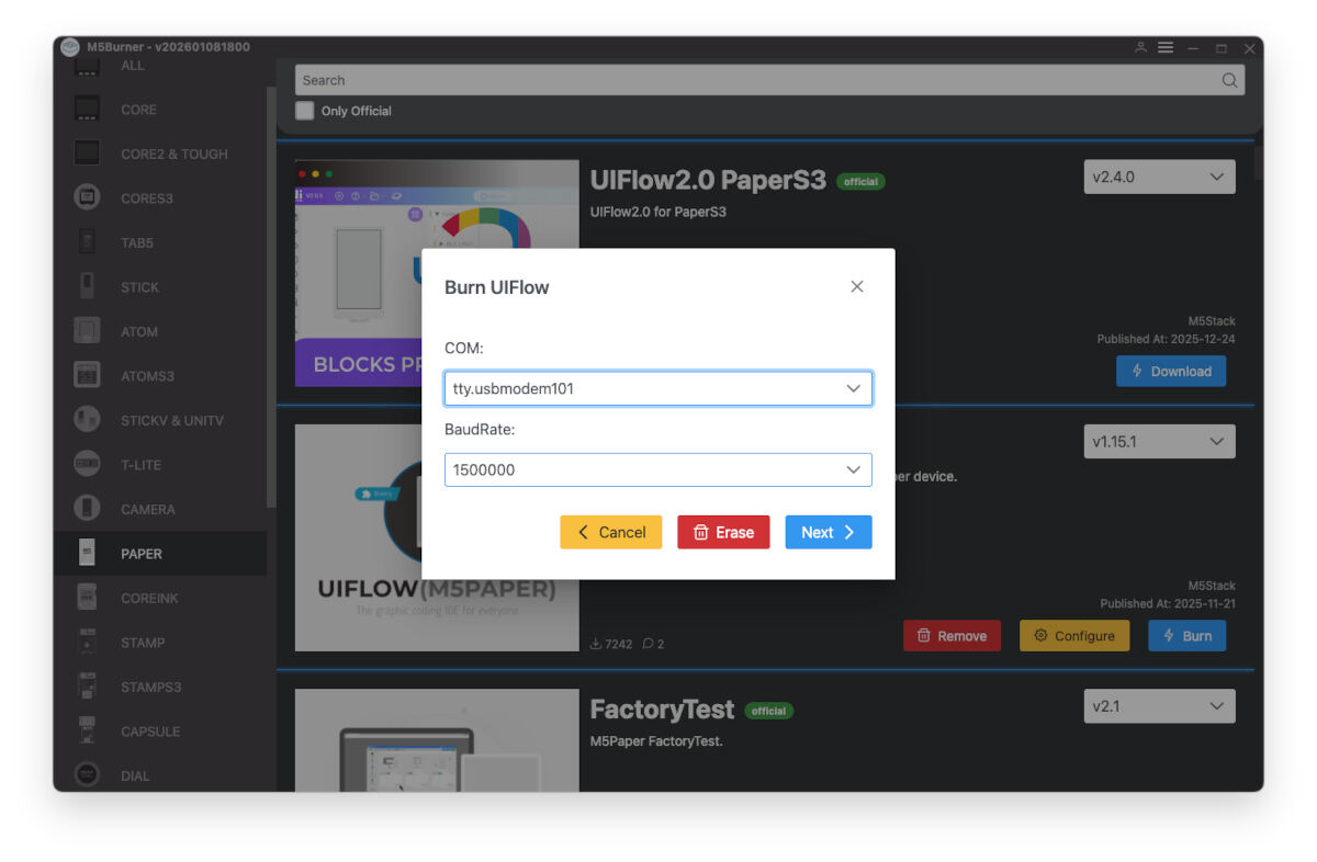 M5BurnerでM5PaperS3にファームウェアを書き込んでいるところ