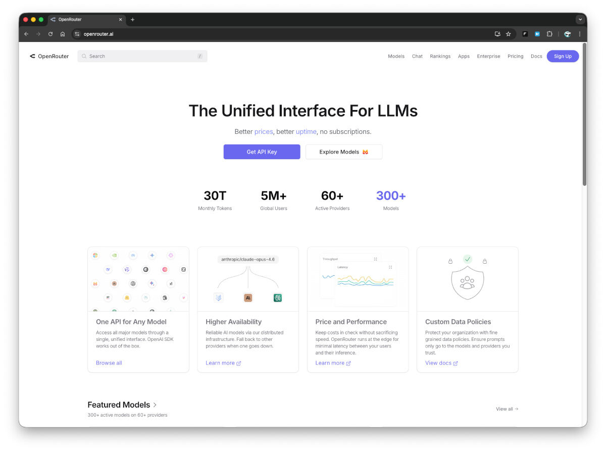 OpenRouterのWebサイト - 60社600以上のモデルを利用できる