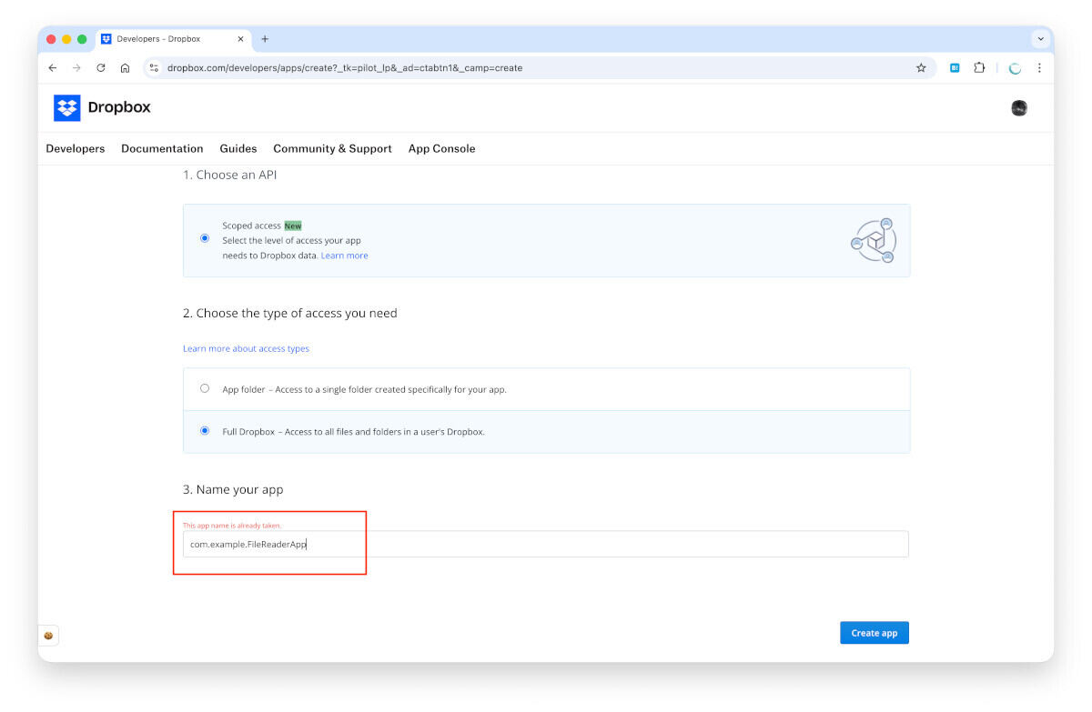 名前を指定してDropboxアプリを作成しよう
