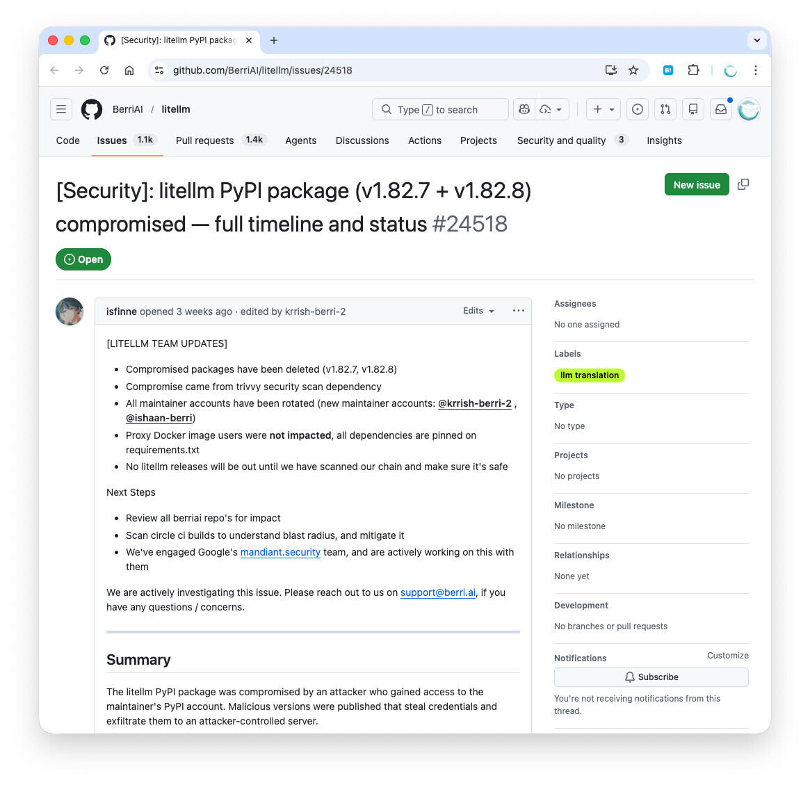 GitHubで公開されたLiteLLMの問題の詳細