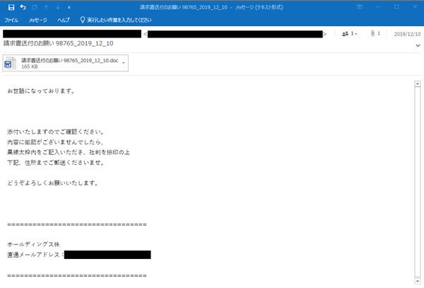 「Emotet」のばらまきメール本文(2019年12月頃に確認されたもの)