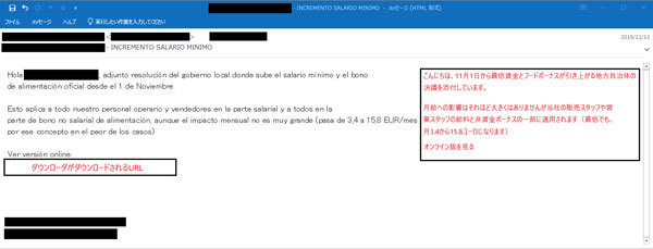 スペイン語で書かれた「昇給」を悪用したばらまきメール本文(日本語訳は自動翻訳を少し整形したものです