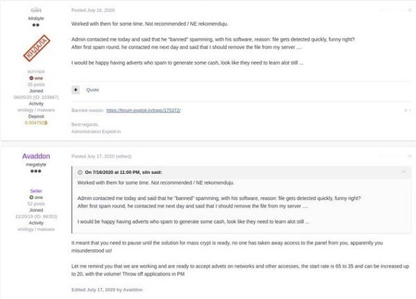 図4. アンダーグラウンドフォーラムに投稿されたRaaS「Avaddon」のユーザーレビューおよび運営組織からの回答（出典：Secureworks）