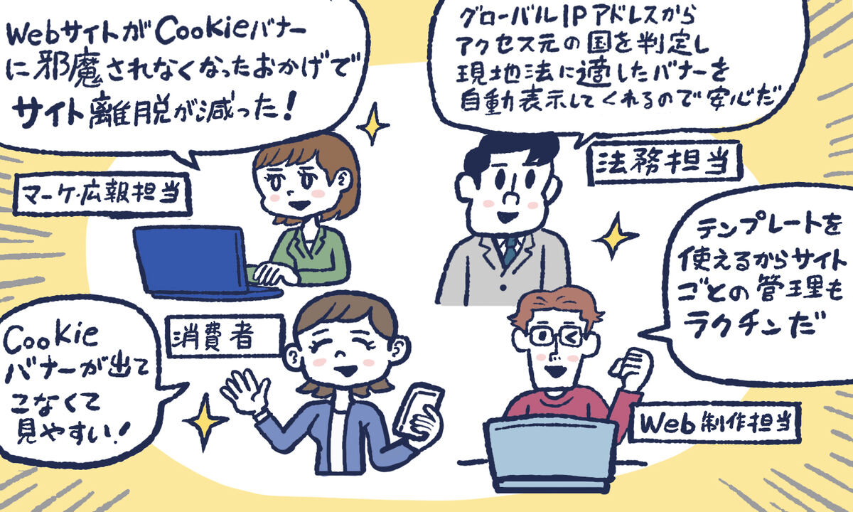 （イラスト）ユーザーの情報を適切に管理しながら、ビジネス・チャンスを損ねないクッキーバナーの実装に成功したB社の様子
