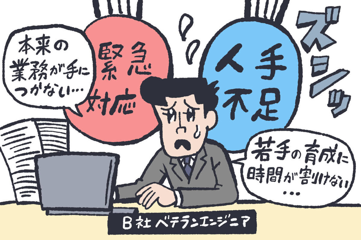 （イラスト）ベテランエンジニアに負担が偏っているシーン