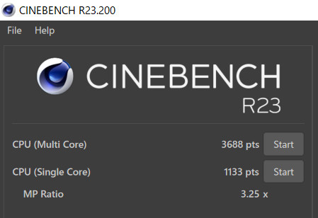 3Dレンダリングを利用してCPUパワーを測定するCINEBENCH R23の結果。シングルコアのスコアが優れている