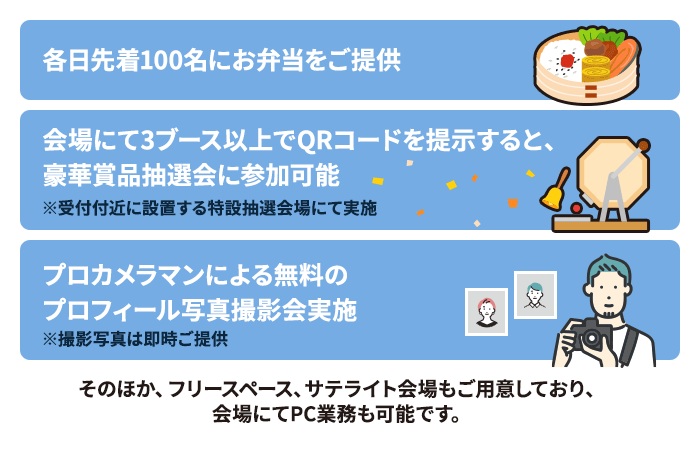 〇各日先着120名にお弁当をご提供〇会場にて3ブース以上でQRコードを提示すると、豪華賞品抽選会に参加可能※受付付近に設置する特設抽選会場にて実施〇プロカメラマンによる無料のプロフィール写真撮影会実施※撮影写真は即時ご提供｜そのほか、フリースペース、サテライト会場もご用意しており、会場にてPC業務も可能です。