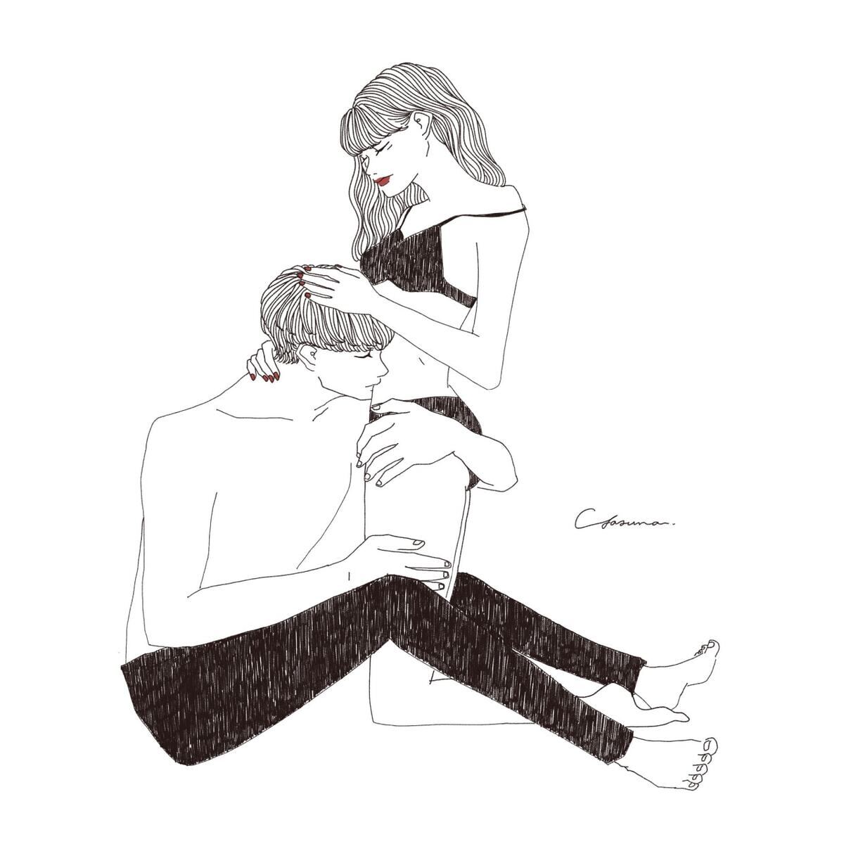腰を抱きかかえキスする男性