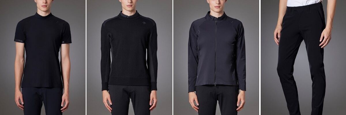 MEN「g-arc」2023 FW COLLECTION(左から)モックネックトリコット半袖シャツ、クルーネックハイブリッドセーター、フルジップトリコットジャージージャケット、ツイルロングパンツ